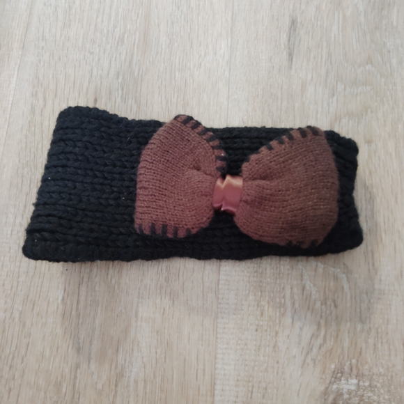 Black Crochet Knitted Headband Ear Warmers Brown Bow - Picture 4 of 5
